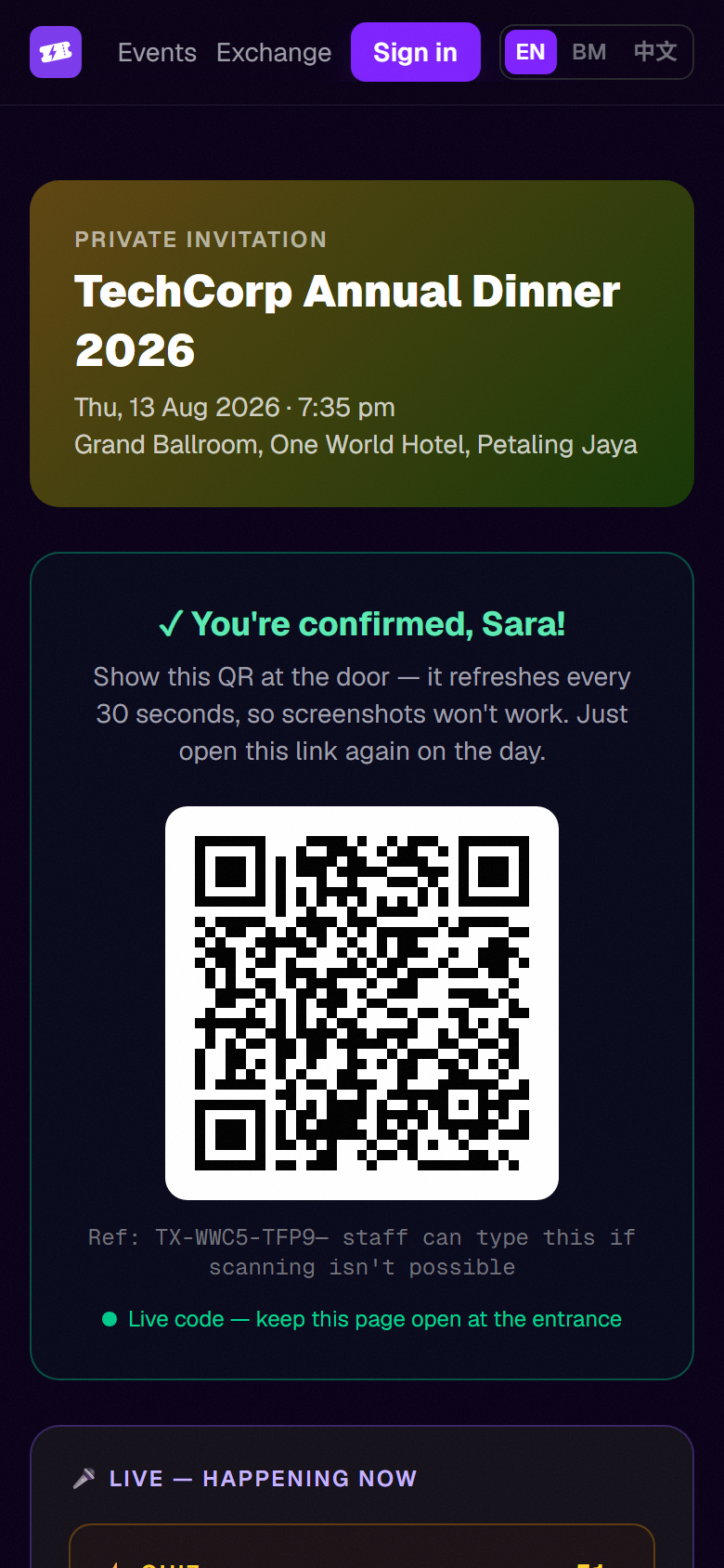 A guest's live entry pass