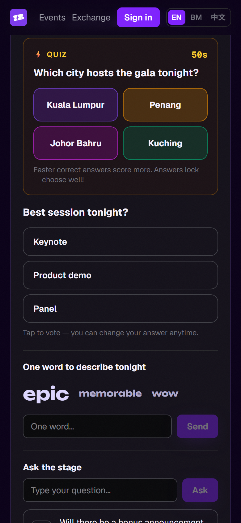Live quiz question on a guest's phone